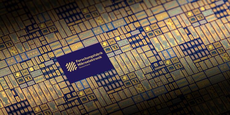 Logo der Forschungsfabrik Mikroelektronik Deutschland, umgeben von Mikrochips